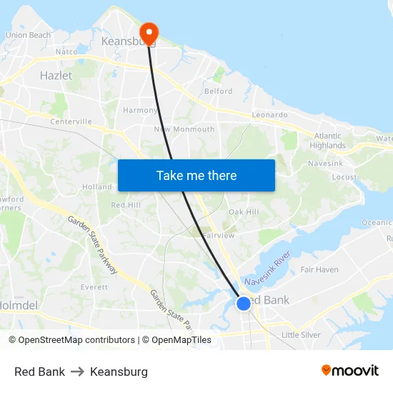 Red Bank to Keansburg map