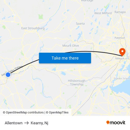 Allentown to Kearny, Nj map