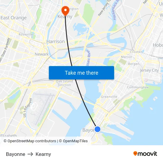 Bayonne to Kearny map
