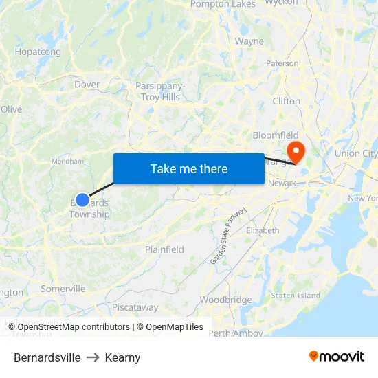 Bernardsville to Kearny map