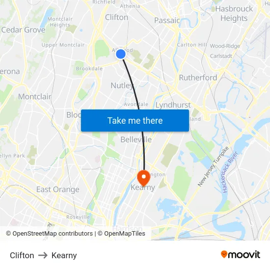 Clifton to Kearny map