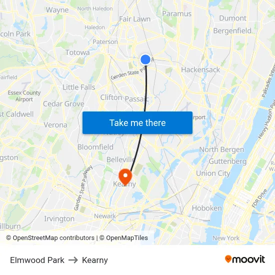 Elmwood Park to Kearny map