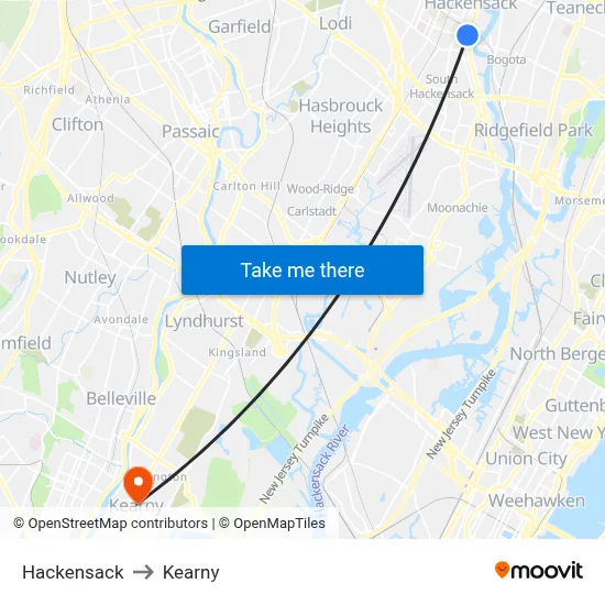 Hackensack to Kearny map