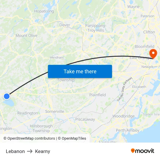 Lebanon to Kearny map