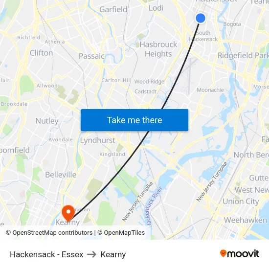 Hackensack - Essex to Kearny map
