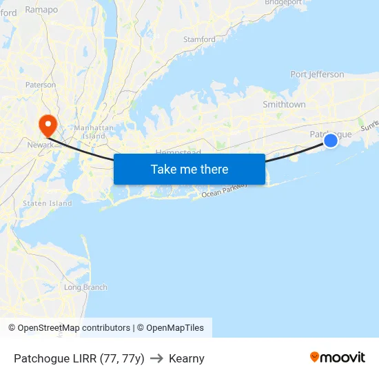 Patchogue LIRR (77, 77y) to Kearny map