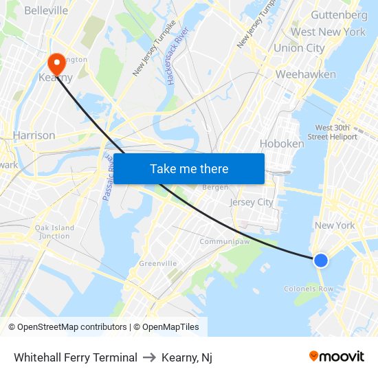 Whitehall Ferry Terminal to Kearny, Nj map