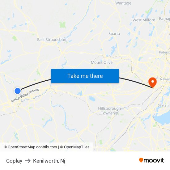 Coplay to Kenilworth, Nj map