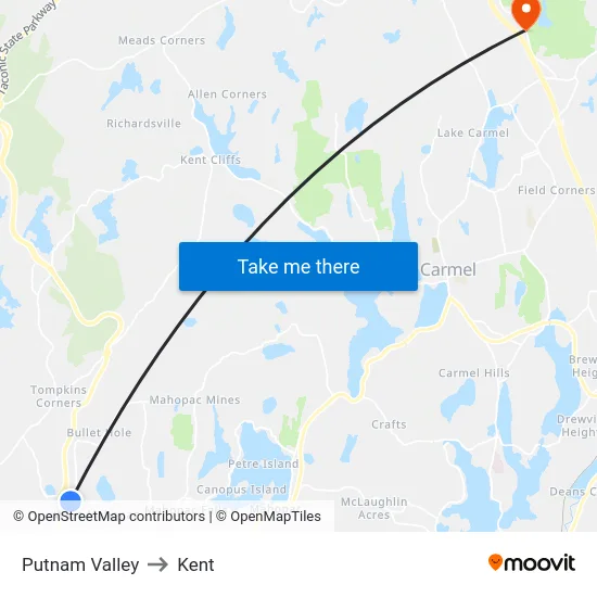 Putnam Valley to Kent map