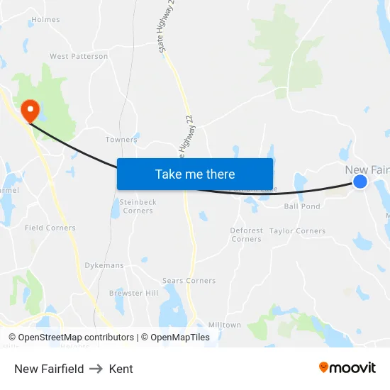 New Fairfield to Kent map