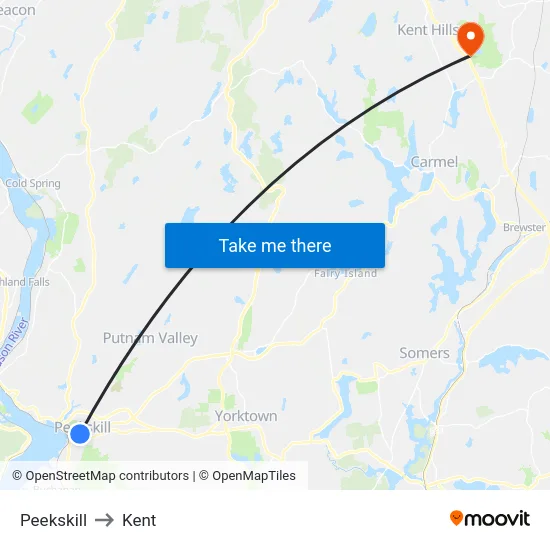 Peekskill to Kent map