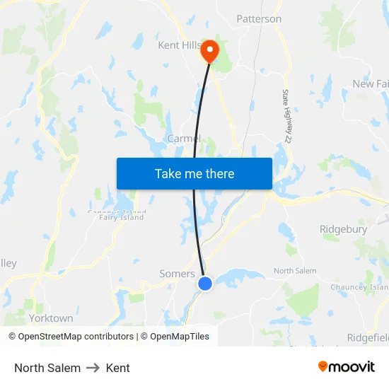 North Salem to Kent map