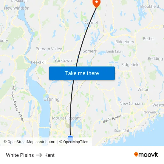 White Plains to Kent map