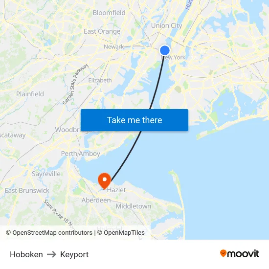 Hoboken to Keyport map