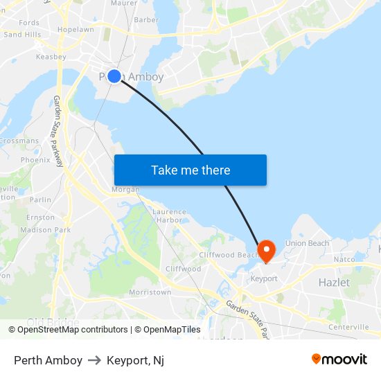 Perth Amboy to Keyport, Nj map
