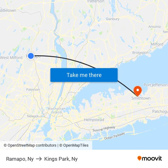 Ramapo, Ny to Kings Park, Ny map