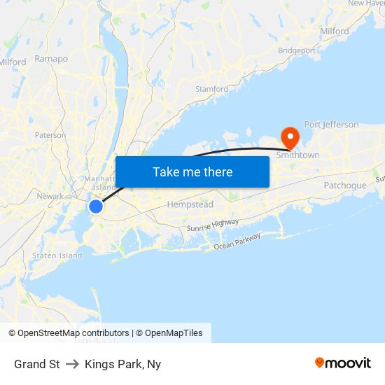 Grand St to Kings Park, Ny map