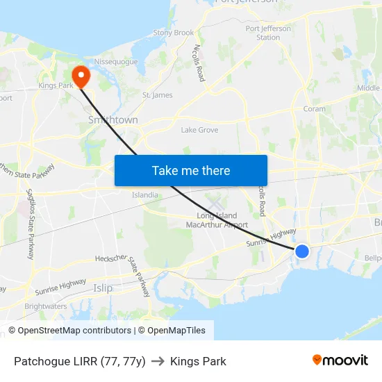 Patchogue LIRR (77, 77y) to Kings Park map