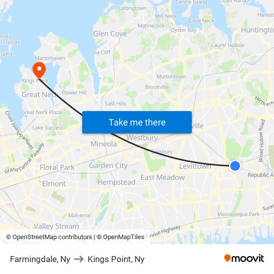 Farmingdale, Ny to Kings Point, Ny map