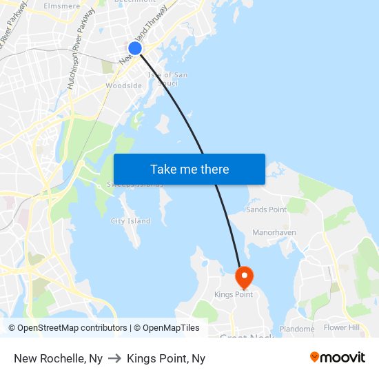 New Rochelle, Ny to Kings Point, Ny map