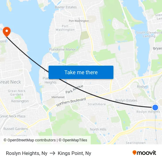 Roslyn Heights to Kings Point, Ny map