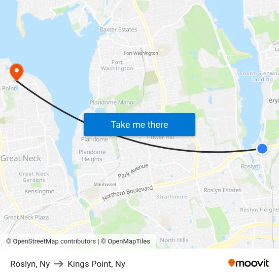 Roslyn to Kings Point, Ny map