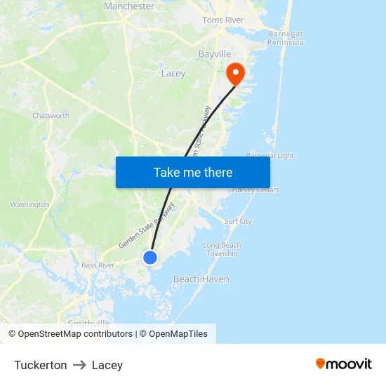 Tuckerton to Lacey map