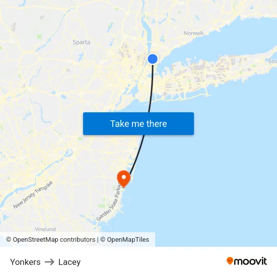 Yonkers to Lacey map