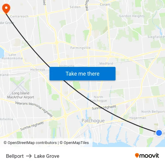 Bellport to Lake Grove map