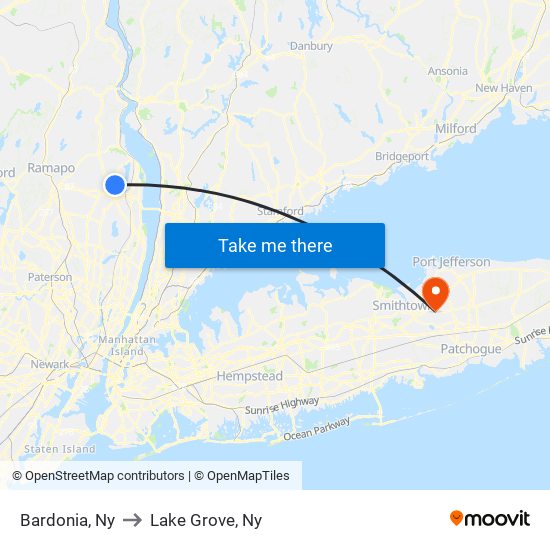 Bardonia, Ny to Lake Grove, Ny map