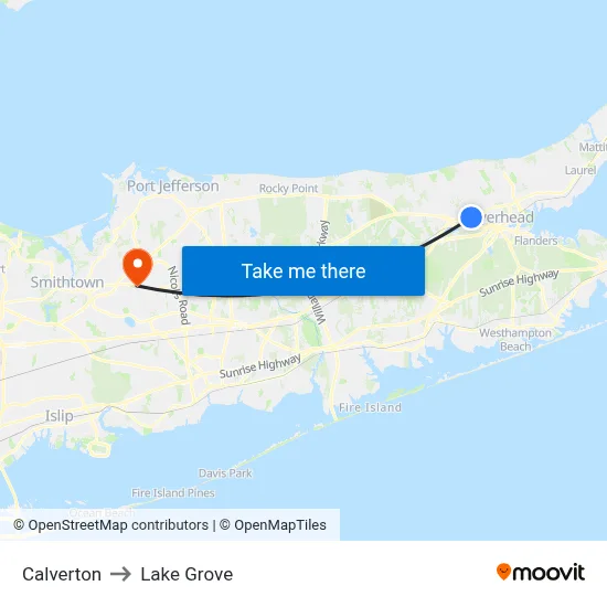 Calverton to Lake Grove map