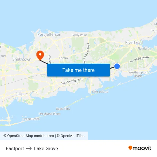 Eastport to Lake Grove map