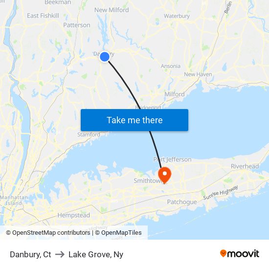 Danbury, Ct to Lake Grove, Ny map