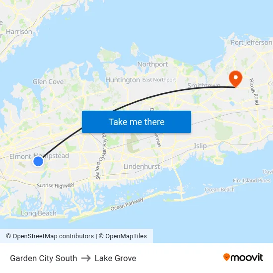 Garden City South to Lake Grove map