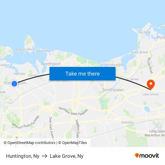 Huntington, Ny to Lake Grove, Ny map