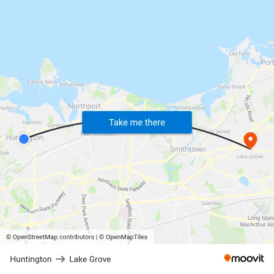 Huntington to Lake Grove map