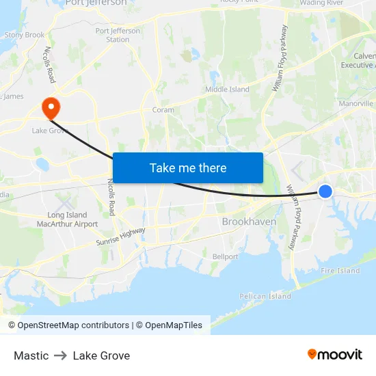 Mastic to Lake Grove map