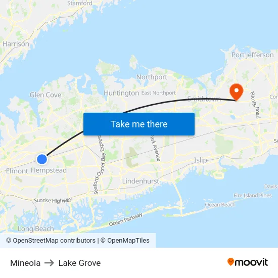 Mineola to Lake Grove map