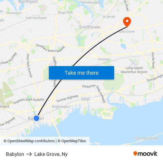 Babylon to Lake Grove, Ny map