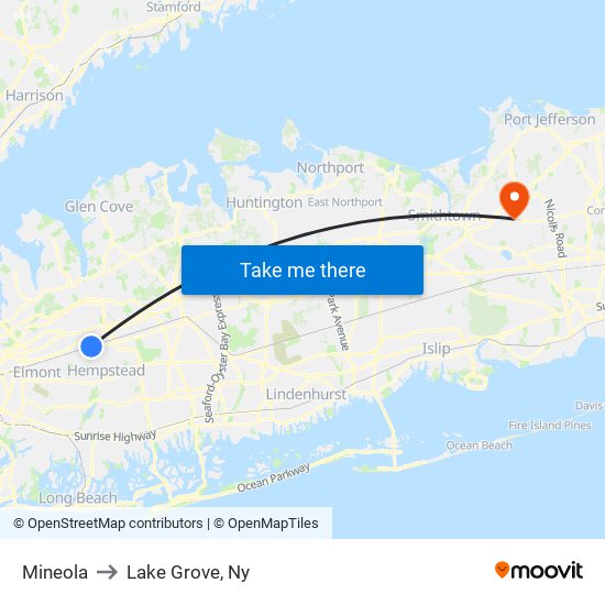 Mineola to Lake Grove, Ny map