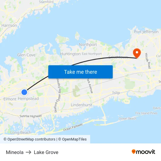 Mineola to Lake Grove map