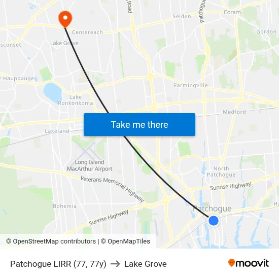 Patchogue LIRR (77, 77y) to Lake Grove map