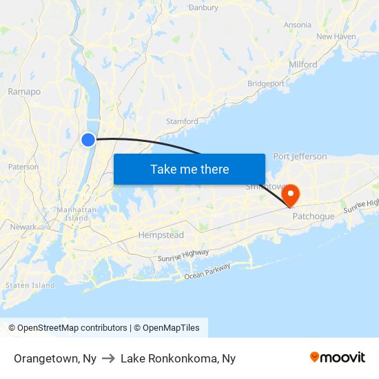 Orangetown, Ny to Lake Ronkonkoma, Ny map