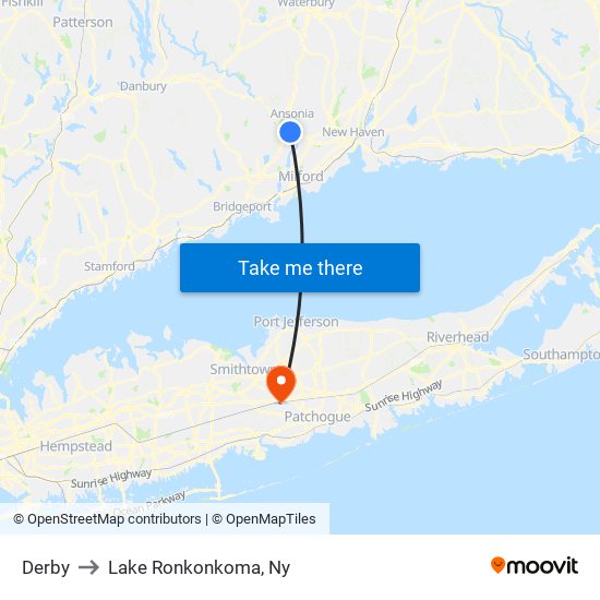 Derby to Lake Ronkonkoma, Ny map
