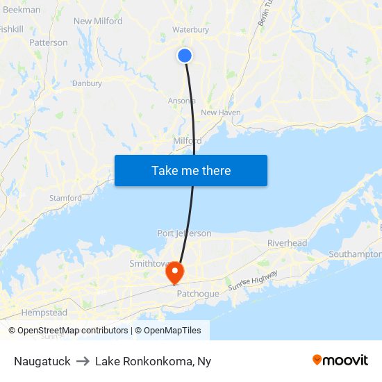 Naugatuck to Lake Ronkonkoma, Ny map