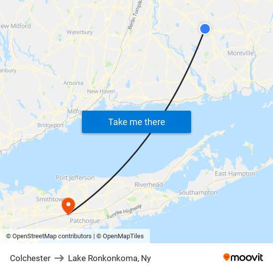 Colchester to Lake Ronkonkoma, Ny map