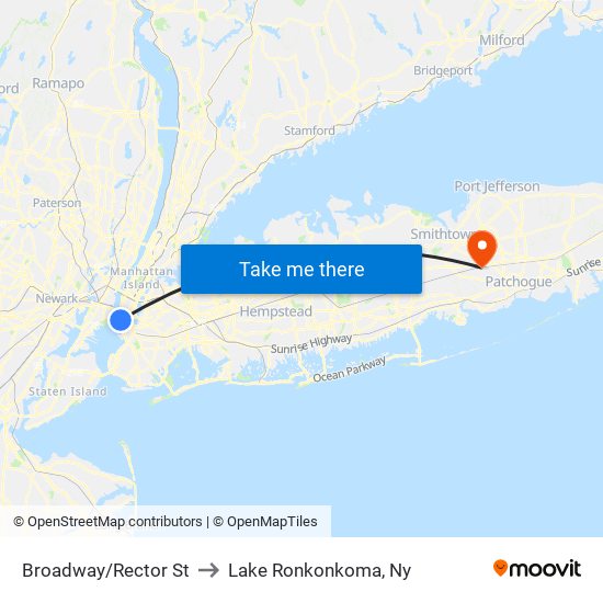 Broadway/Rector St to Lake Ronkonkoma, Ny map