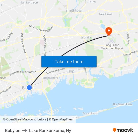 Babylon to Lake Ronkonkoma, Ny map