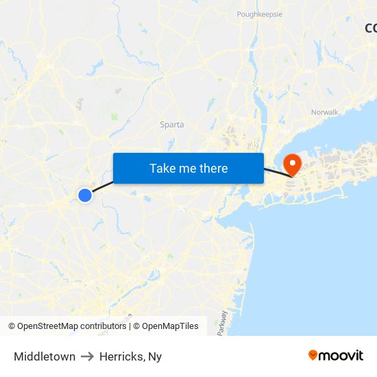 Middletown to Herricks, Ny map