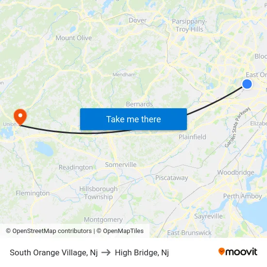 South Orange Village to High Bridge, Nj map